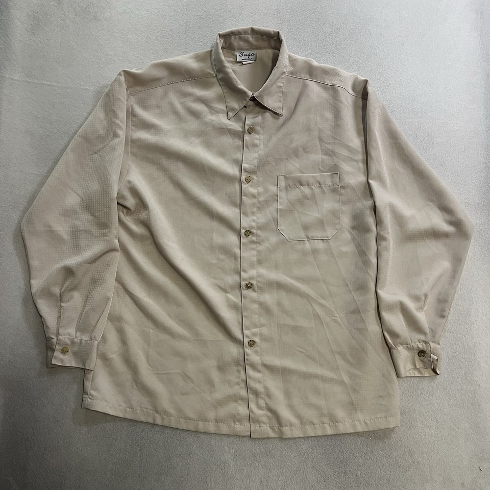 VTG 90s Saga Shirt Men's Large Beige Button Up Collared Long Sleeve Made In USA